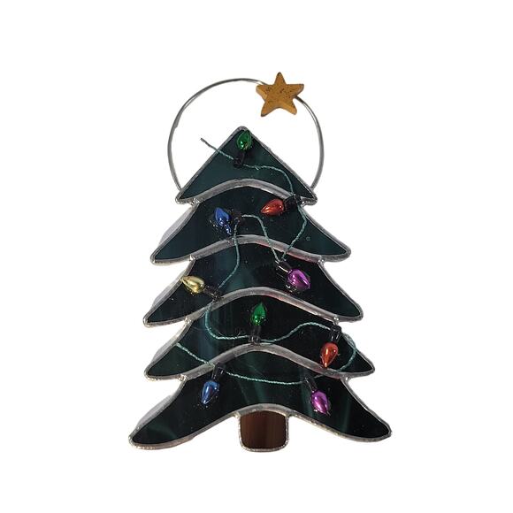 Green Stained Glass Christmas Tree Ornament with Multicolor Lights and Star 5" - Picture 4 of 10